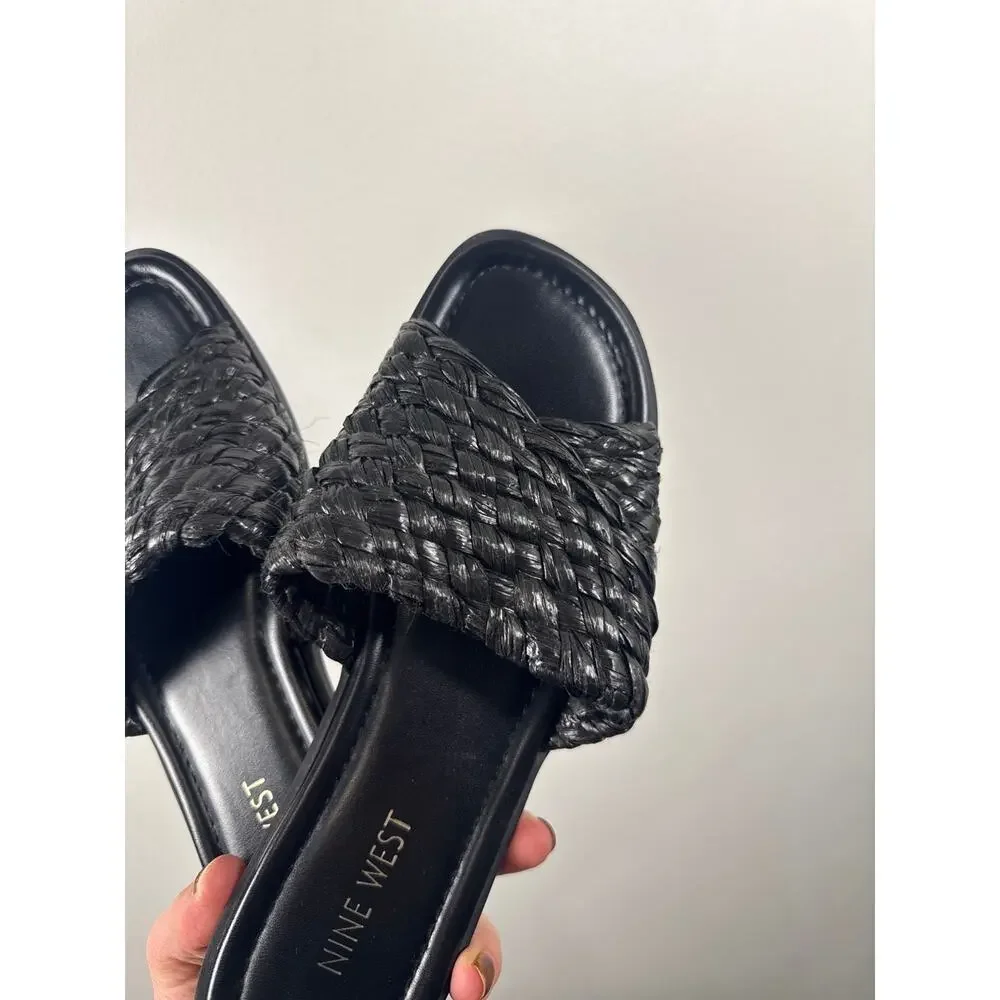 Nine West Havah Woven/Braided Women's Flat Slide Sandals in Black, Size 7